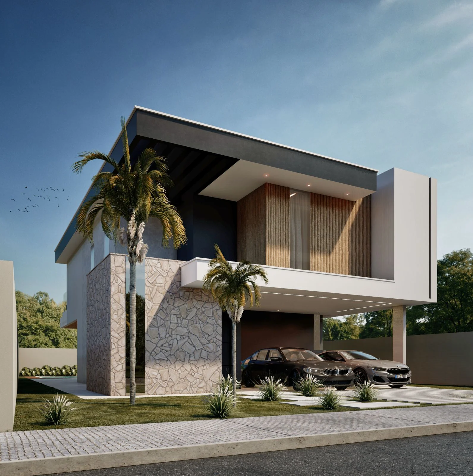 Projeto residencial moderno QCON com piscina e acabamento premium